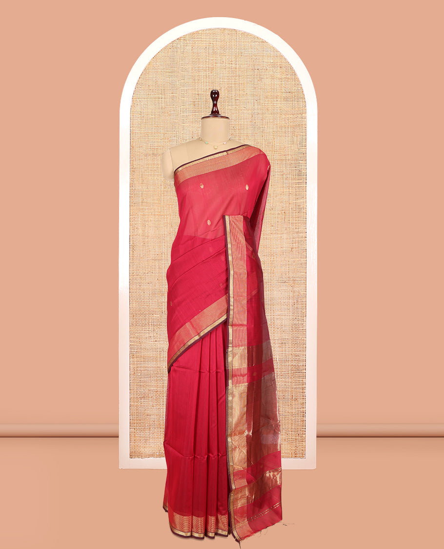 Red Maheshwari Cotton Saree, Decorated with Zari Buttas, a Traditional Zari Border, Zari Gleamed Up Pallu, and a Matching Blouse