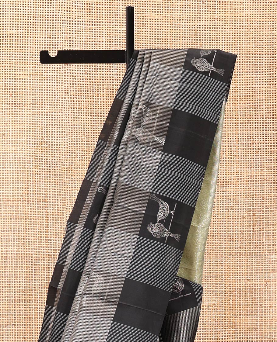 Borderless Black Mayuri Soft Silk Saree, Steeped in the Richness of Zari Checks all Over Its Body, Complemented by Contrast Intricately Designed Pallu and Paired with a Contrast Blouse