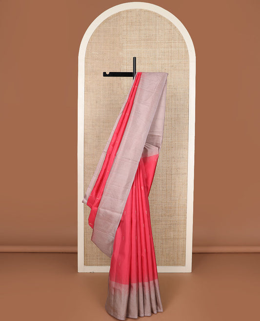 Pink zari buttas soft silk saree, contrast checked border & pallu steeped with geometric designs
