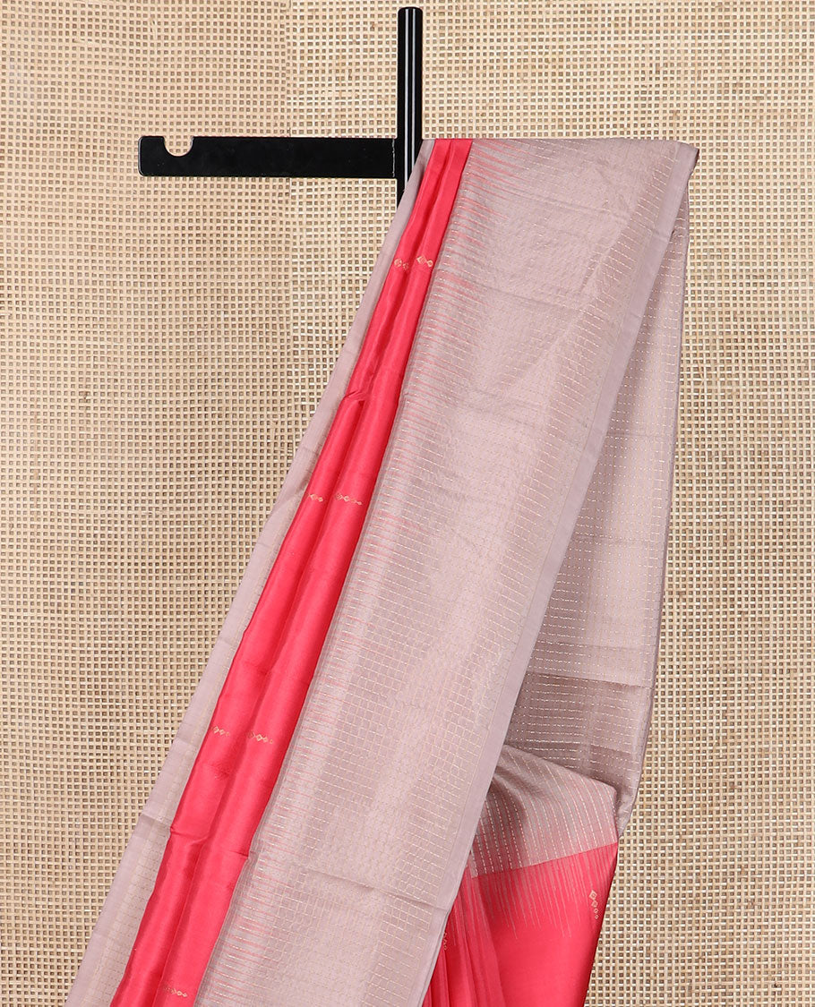 Pink zari buttas soft silk saree, contrast checked border & pallu steeped with geometric designs
