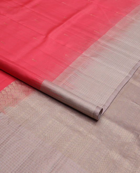 Pink zari buttas soft silk saree, contrast checked border & pallu steeped with geometric designs