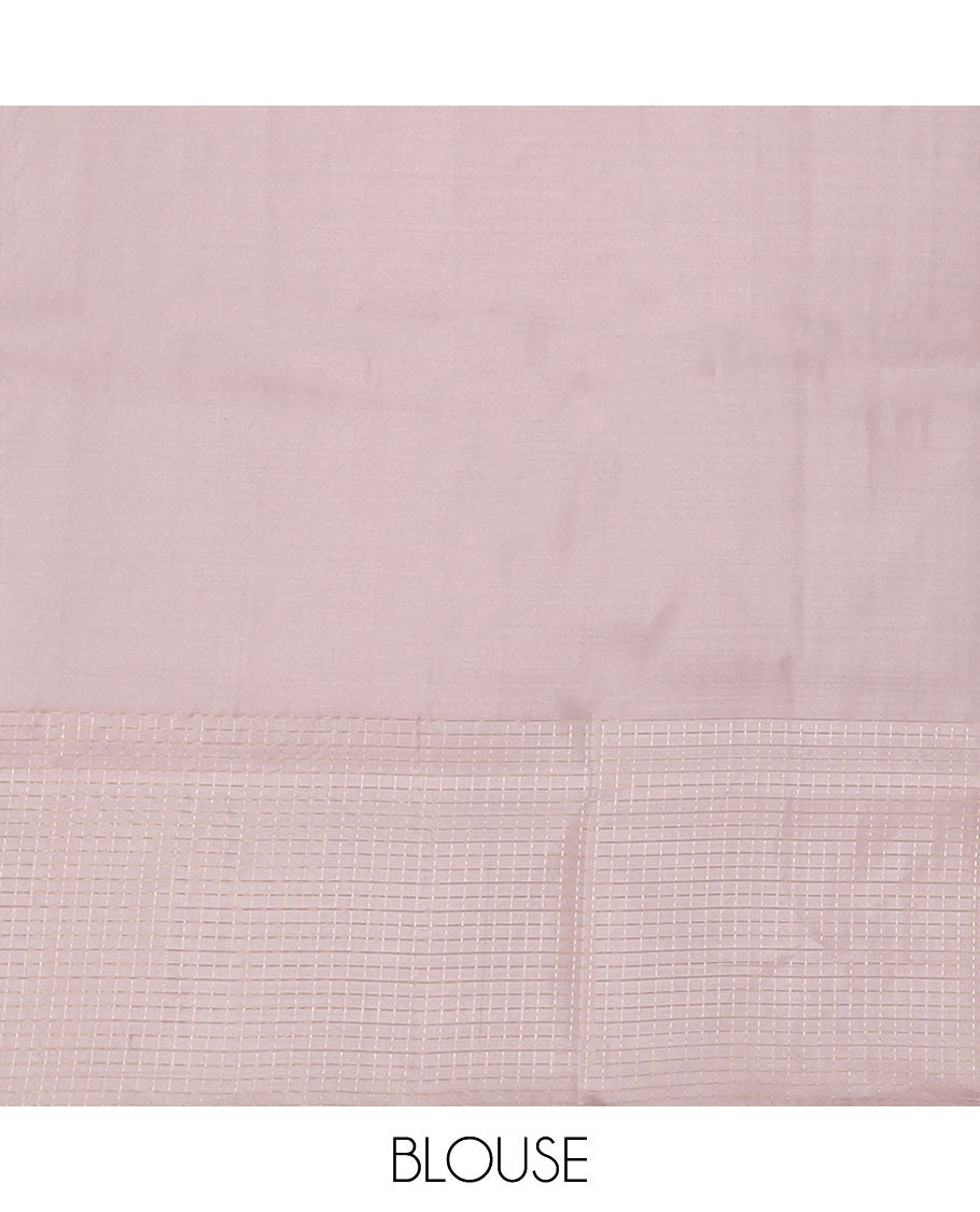 Pink zari buttas soft silk saree, contrast checked border & pallu steeped with geometric designs