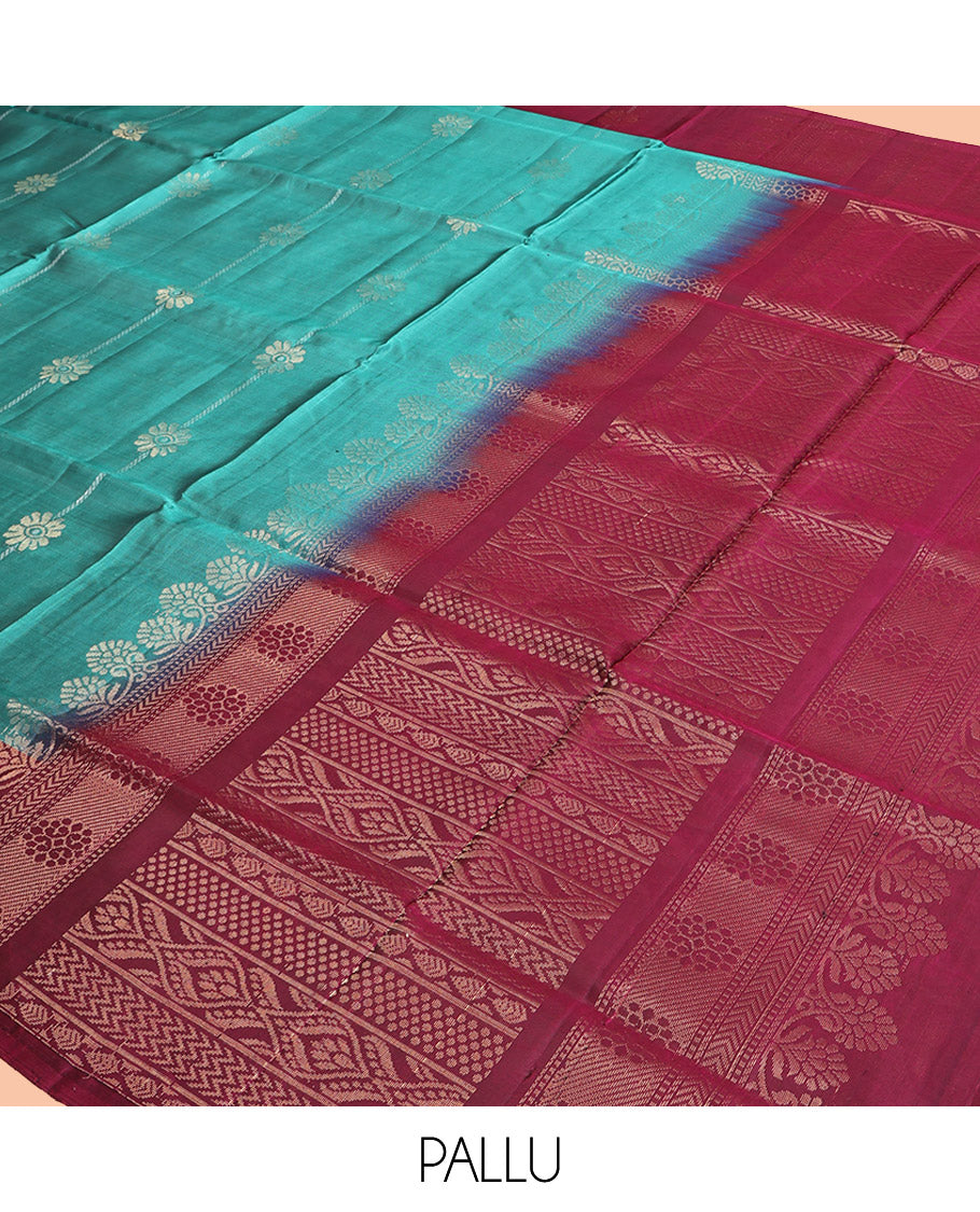 Green Mayuri Lite Silk Mix Saree, Woven with Floral Stripes, Complemented by a Contrast Zari Border, Pallu of Geometric Designs, and a Contrast Blouse