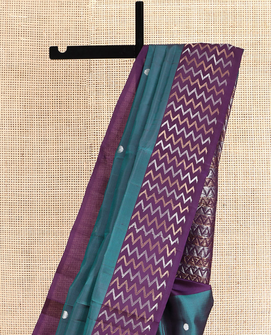 Peacock Blue Mayuri Soft Silk Saree, Highlighted by Zari Buttas, Contrast Chevron Striped Border, Grand Chevron Striped Pallu, and Contrast Blouse