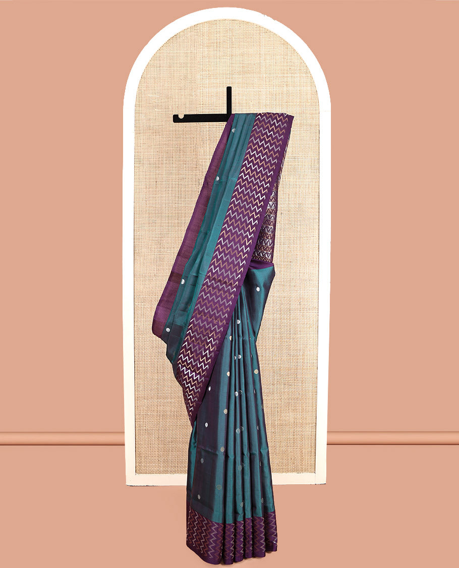 Peacock Blue Mayuri Soft Silk Saree, Highlighted by Zari Buttas, Contrast Chevron Striped Border, Grand Chevron Striped Pallu, and Contrast Blouse