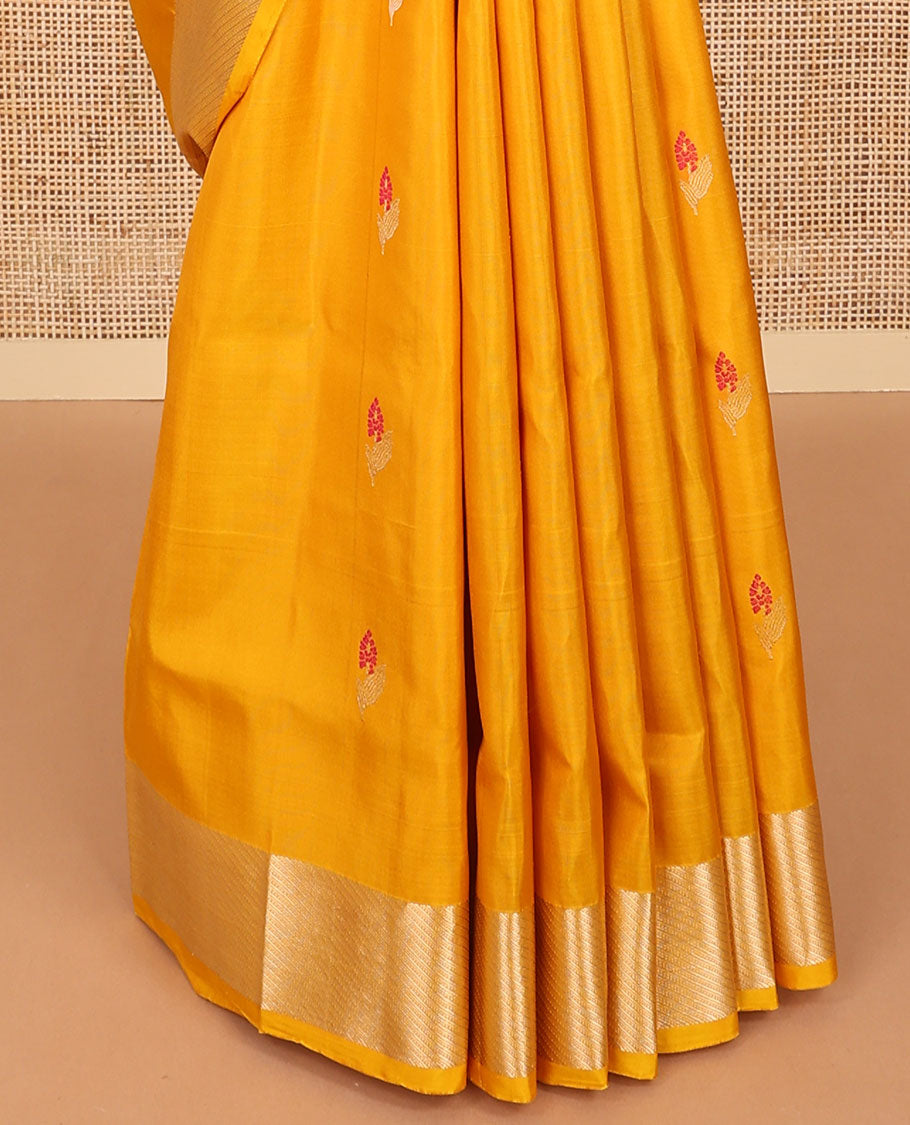 Orange floral motifs mayuri soft silk saree with contrast zari border & striped, floral design pallu