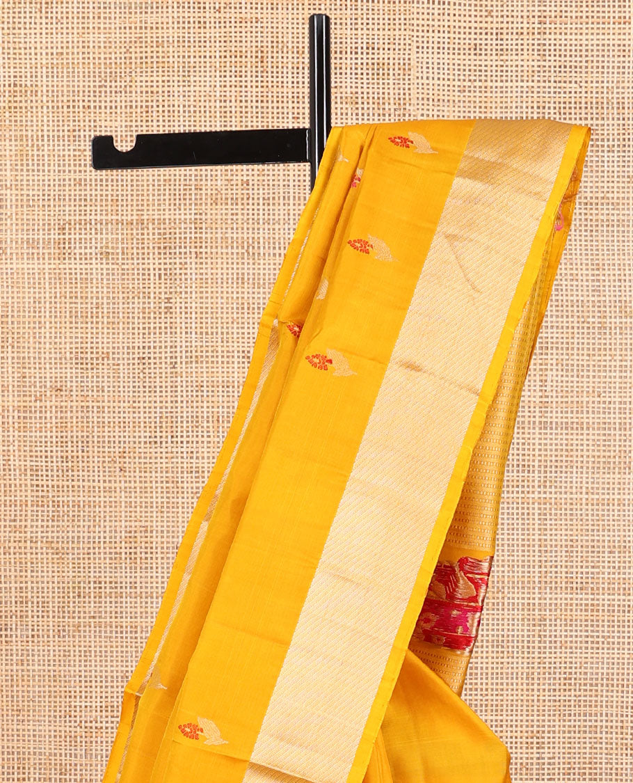 Orange floral motifs mayuri soft silk saree with contrast zari border & striped, floral design pallu