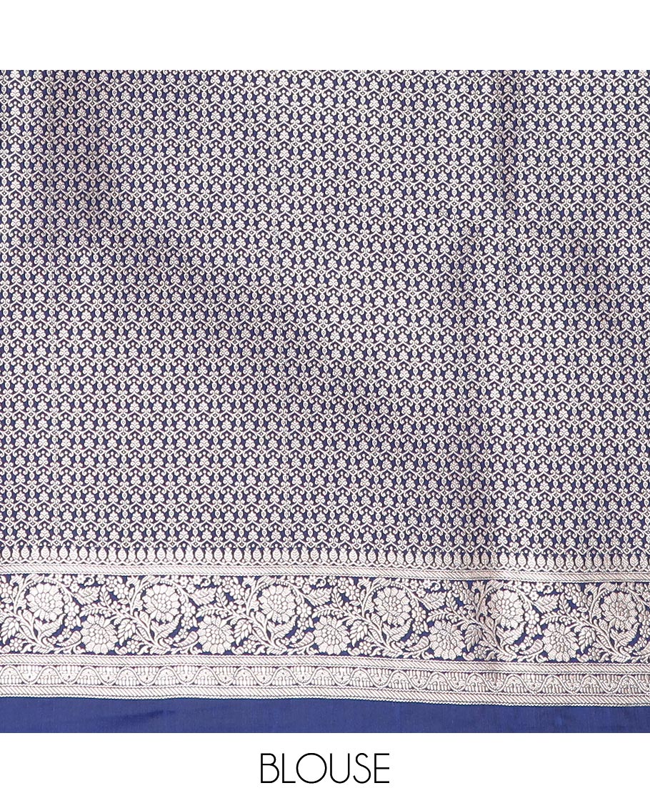 Navy blue zari buttas mushru silk saree, floral creeper design border, and intricately designed pallu