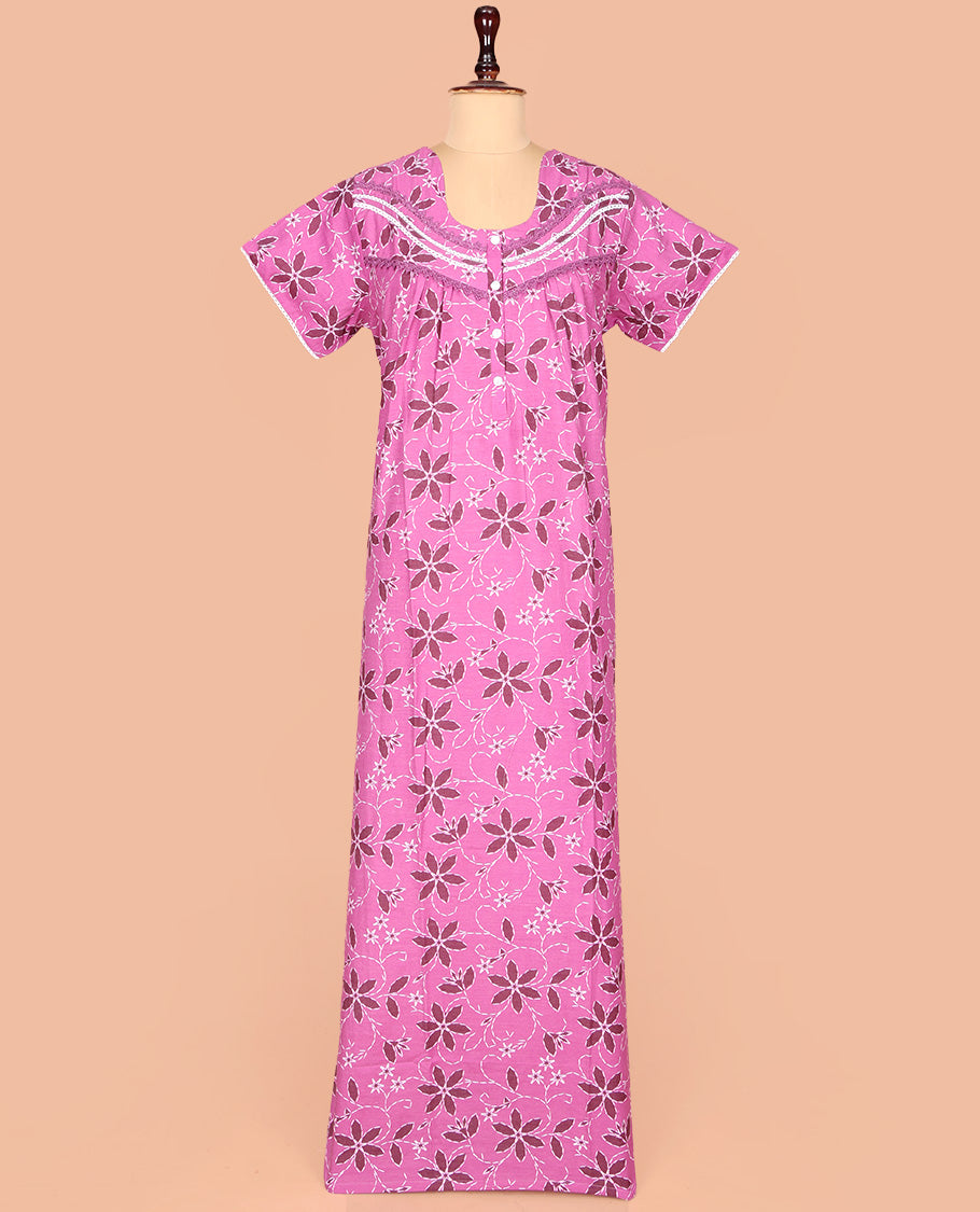 Pink Cotton Nighty Beautified with Floral Print, Featuring Lace Work, Round Front Neck, and Half Sleeves