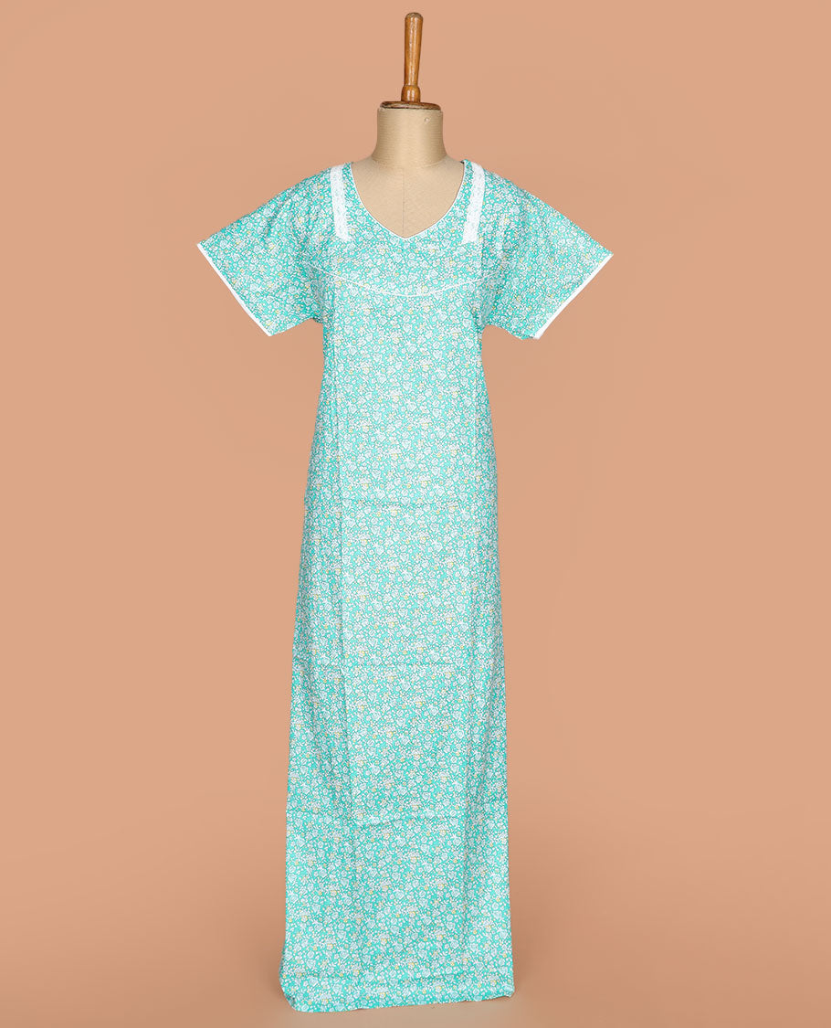Turquoise floral printed with leaf necked lace work half-sleeve cotton nighty