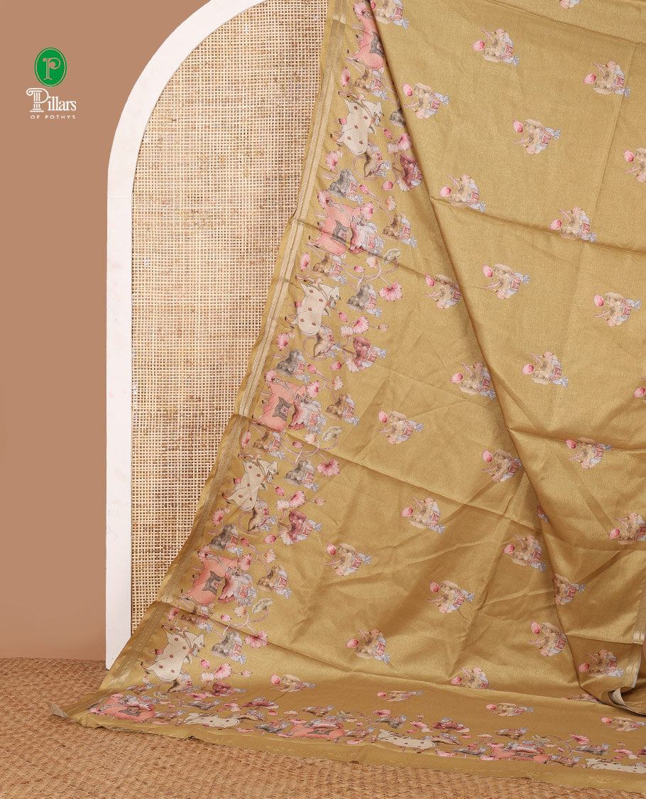 Gold pichwai print muslin cotton saree with zari piping border & pichwai printed pallu along with printed blouse