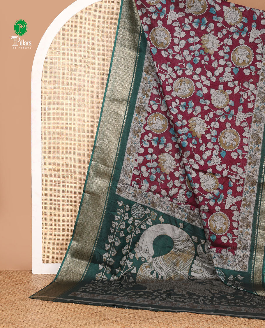 Purple kalamkari-style round peocock & floral vine printed dola silk saree,contrast chevron zari border & peacock pallu