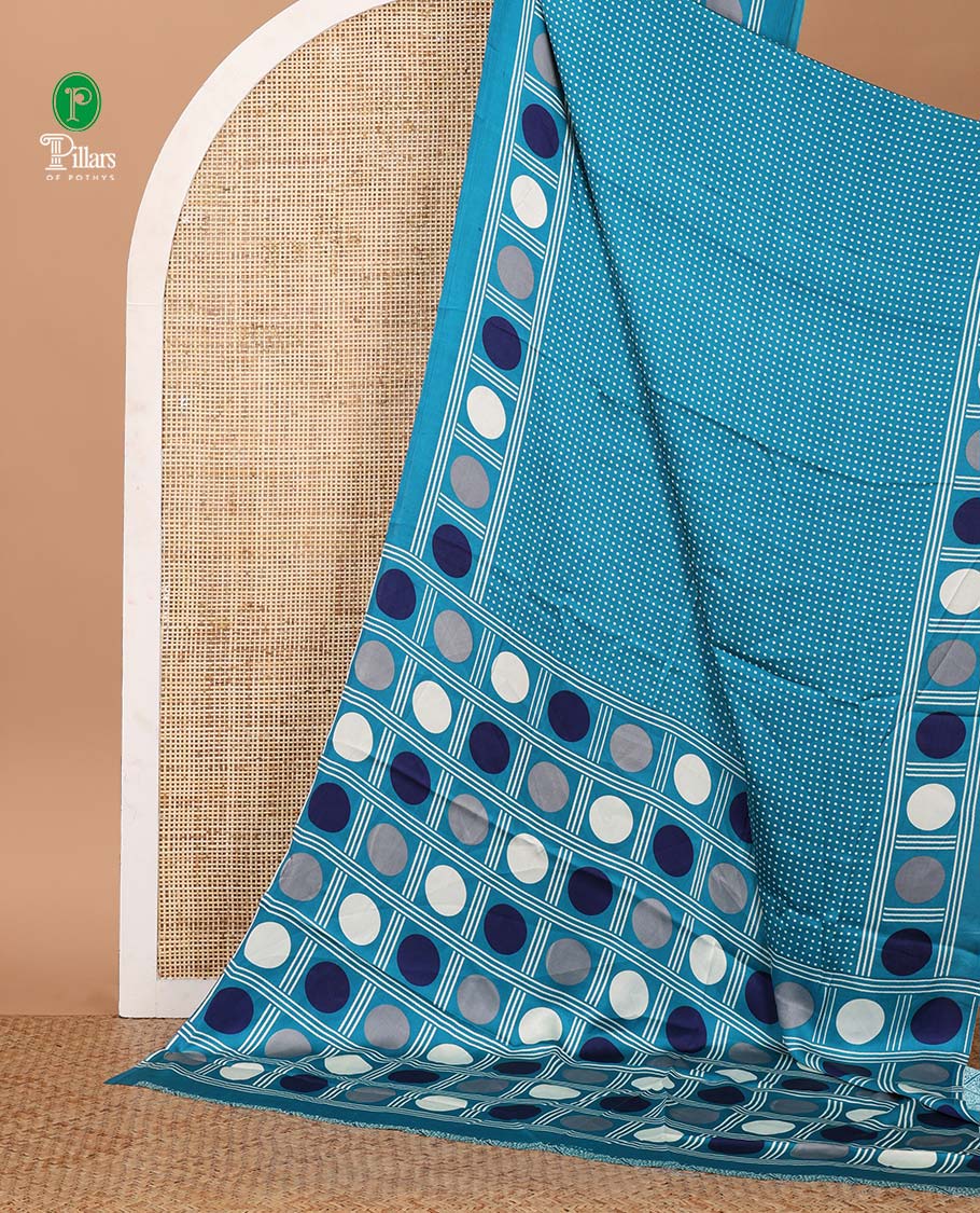 Blue small polka dots printed gajji silk saree with self-border & pallu printed with a dot enclosed checks, blouse with intricate motif print