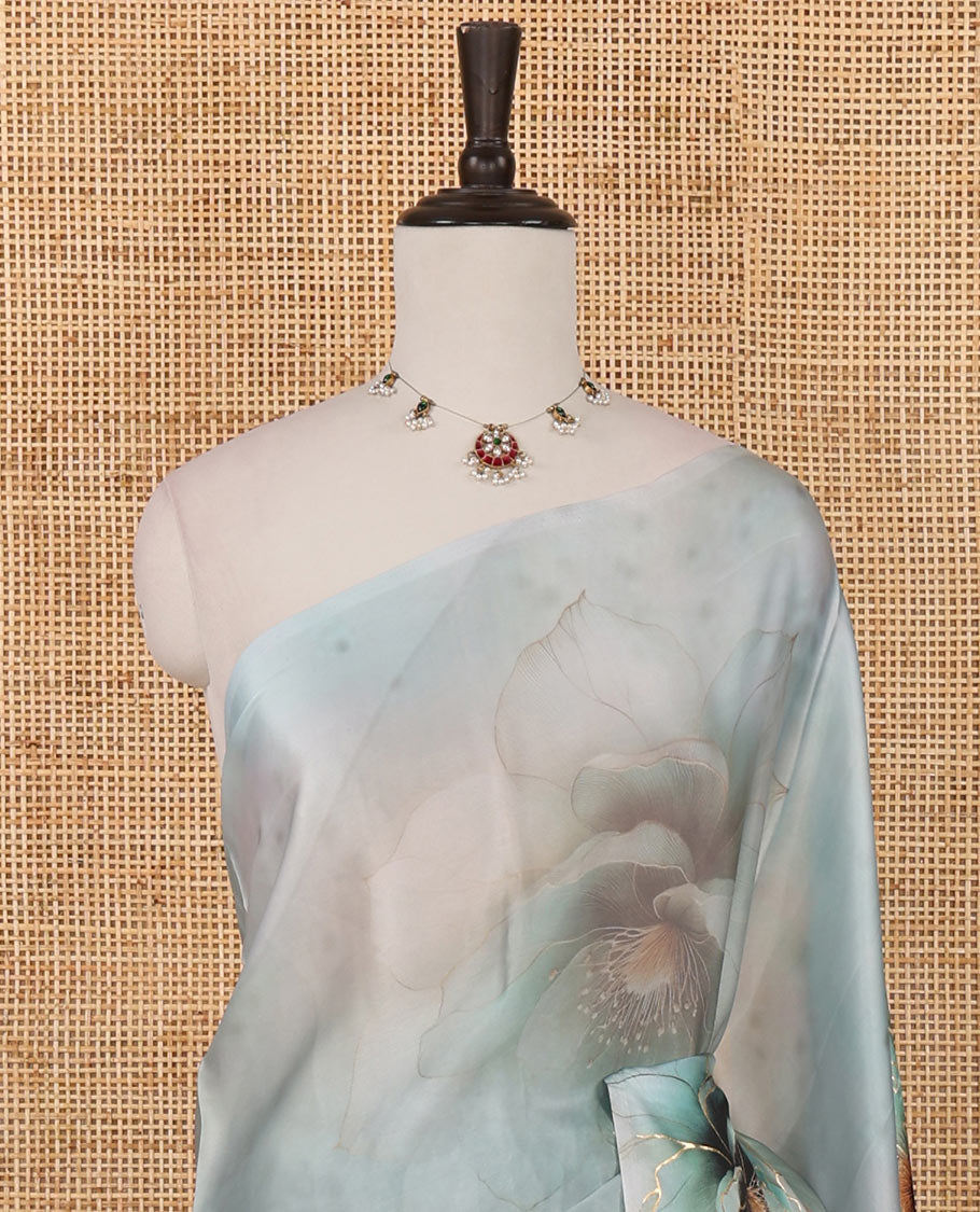 Borderless green abstract-style floral digital print with golden foil print satin silk saree, and foil printed blouse