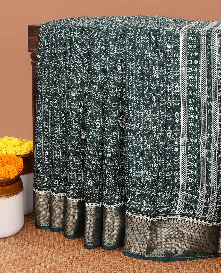 Olive green all-over vareli print, sequence line dola silk saree with contrast copper thread gatti border & small butti design print blouse