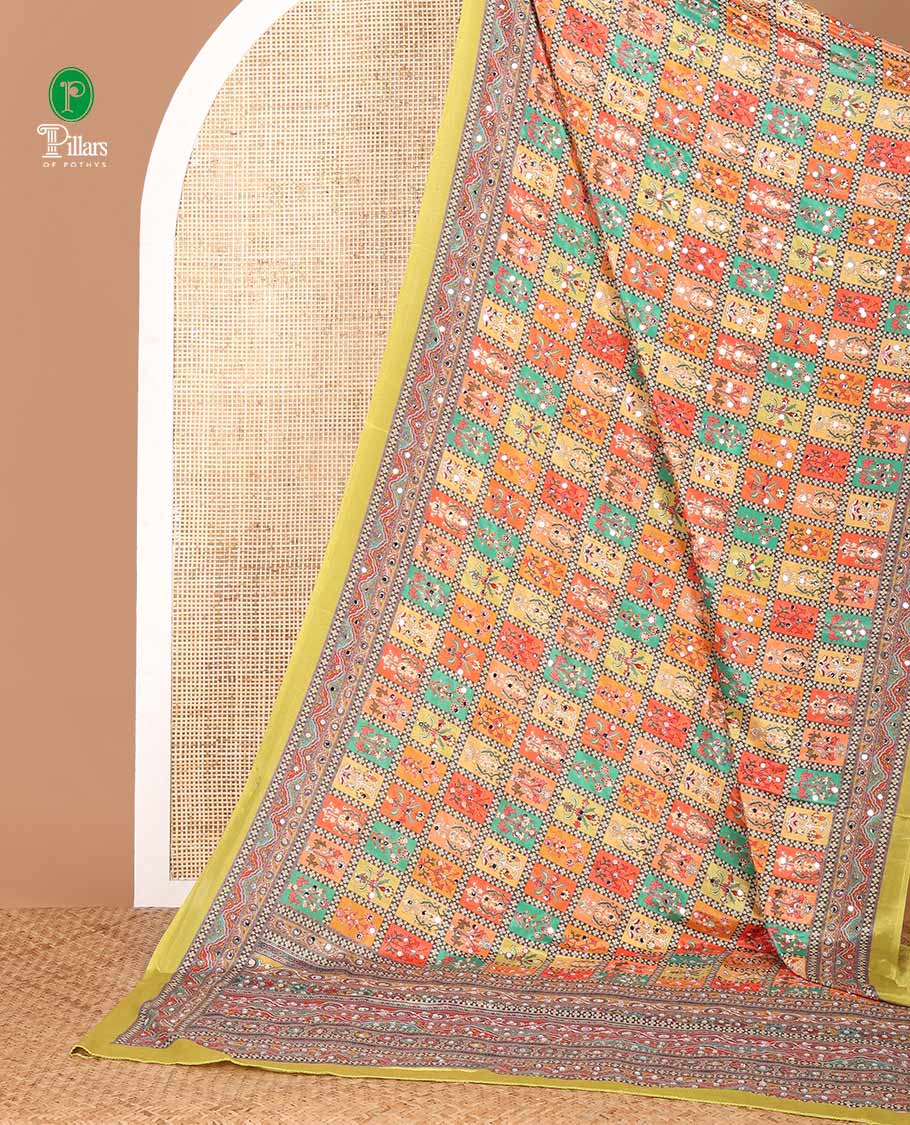 Green kaleidoscopic-colored checks & mirror embroidery masakali saree,self-border & pallu of print & mirrorwork, plain blouse