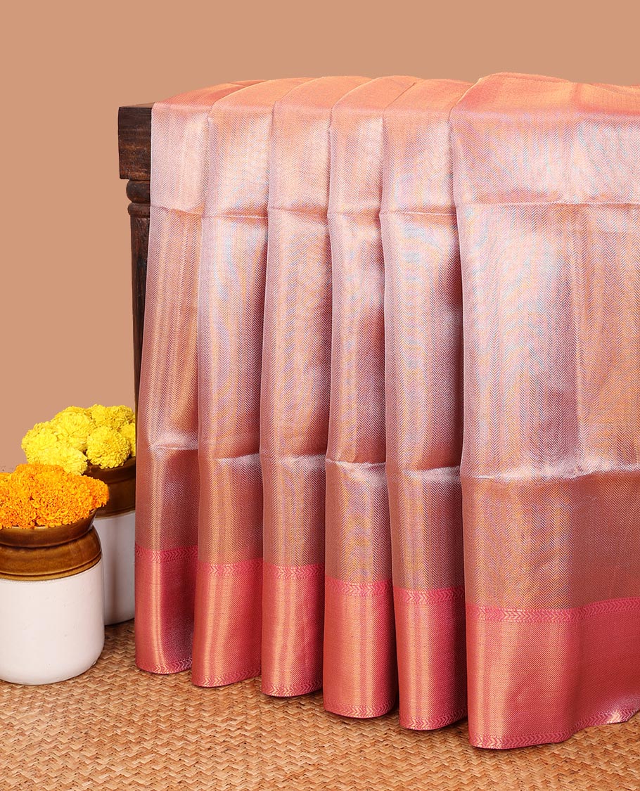 Pink copper color copper with pink zari tissue saree with light pink contrast border & pink copper brocade blouse