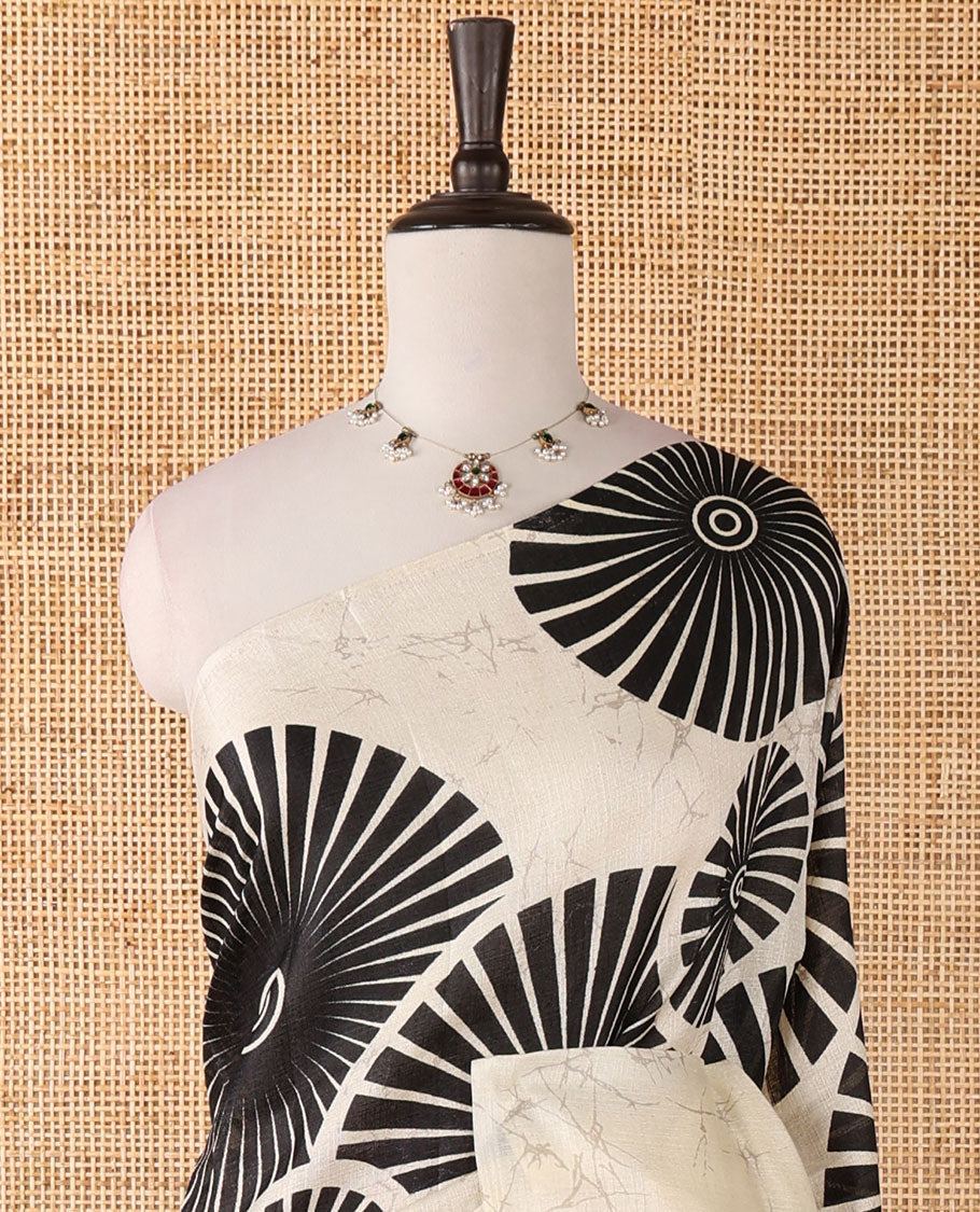 Borderless White with black sunbrust design skirt pattern khadi cotton saree & big sunbrust printed pallu with tussels