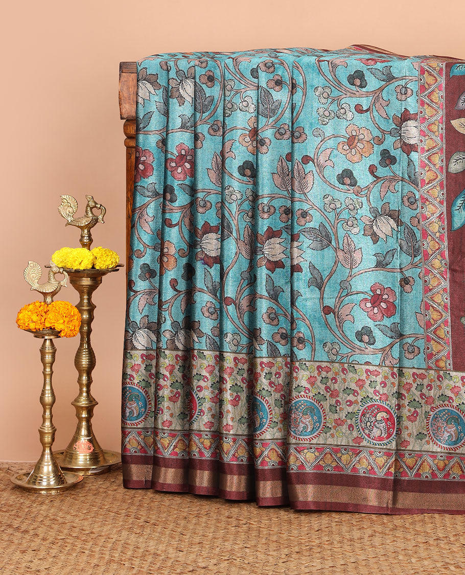 Blue kalamkari flora printed kadhi linen saree,contrast zari piping & flora-fauna print border,kalamkari print pallu & printed blouse