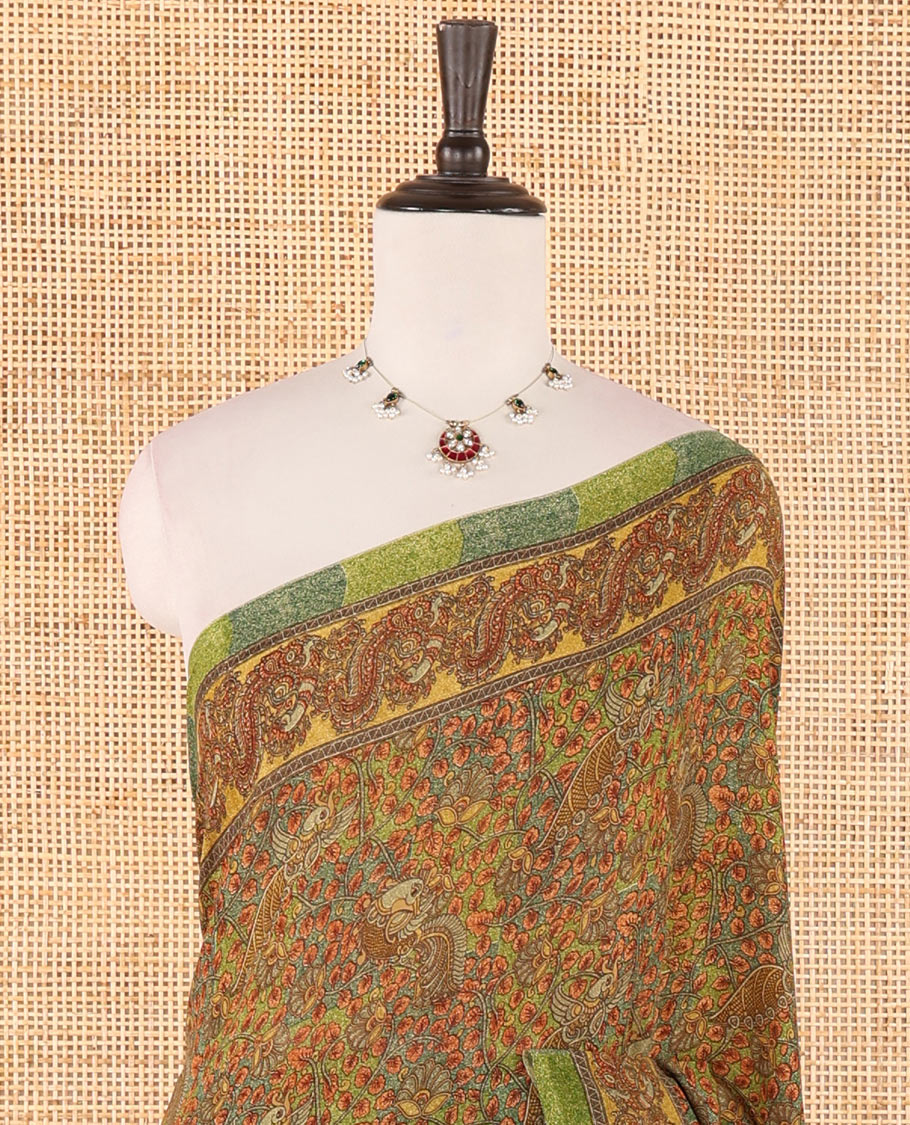 Green intricate floral & bird printed kimaya saree, peacock printed border, printed pallu & contrast printed blouse