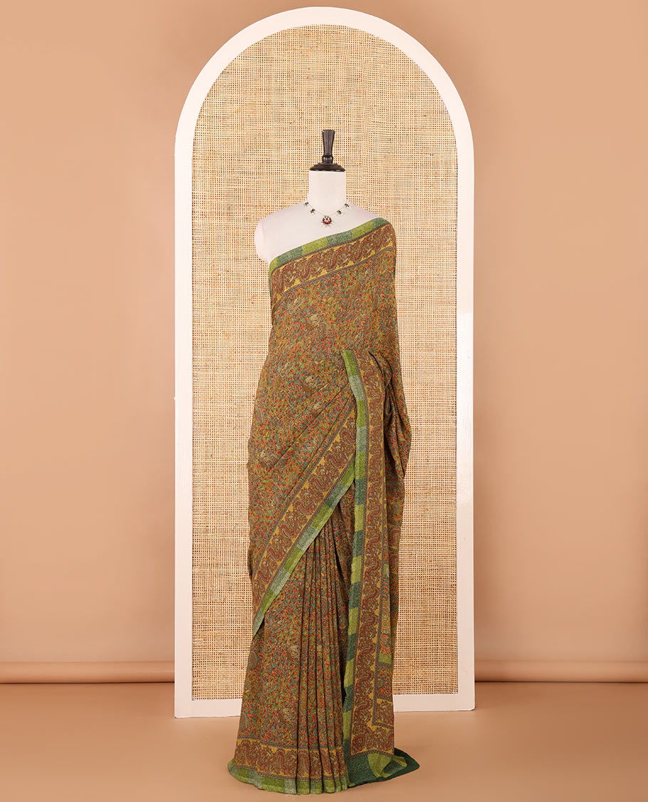 Green intricate floral & bird printed kimaya saree, peacock printed border, printed pallu & contrast printed blouse