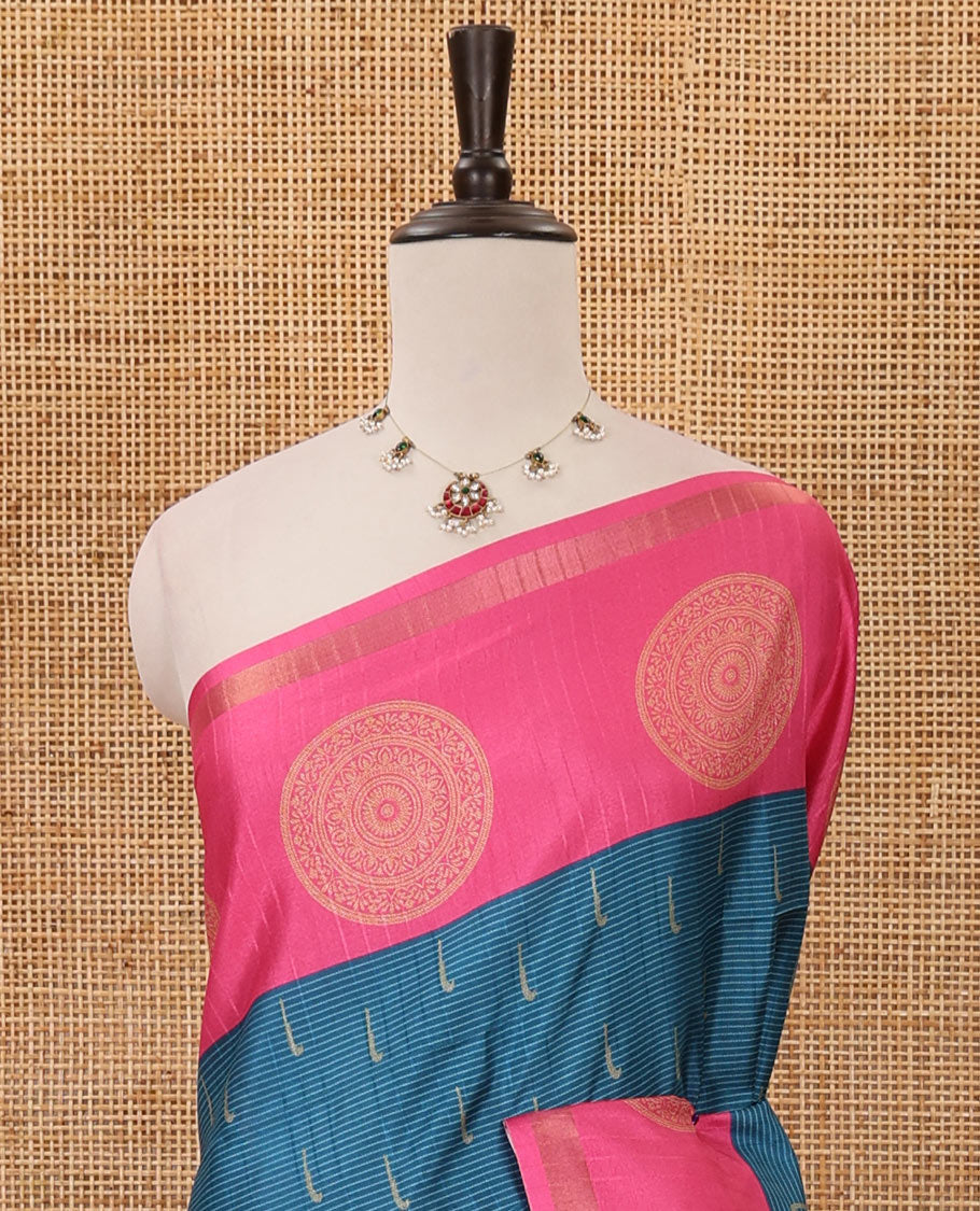 Blue horizontal stripes & muniya buttas katan silk saree, contrast chakram butta border, weaving-style print pallu & contrast print blouse