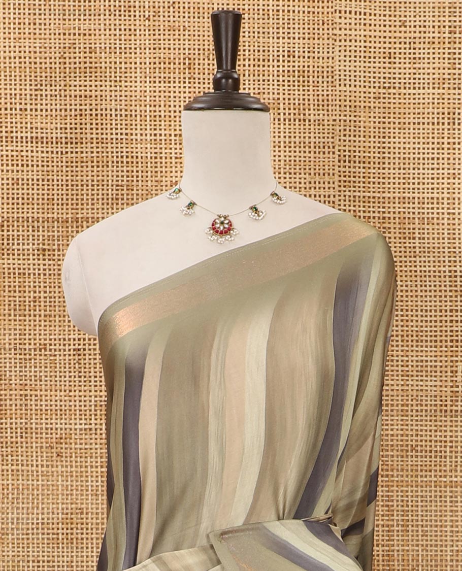 Light olive ombre-color abstract-printed satin crepe saree, copper zari line weave border & matching jaal printed blouse