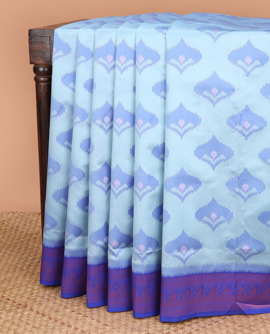 Sky blue pattola design mulberry silk saree with carry, zari design border & self empose with fancy tissue blouse