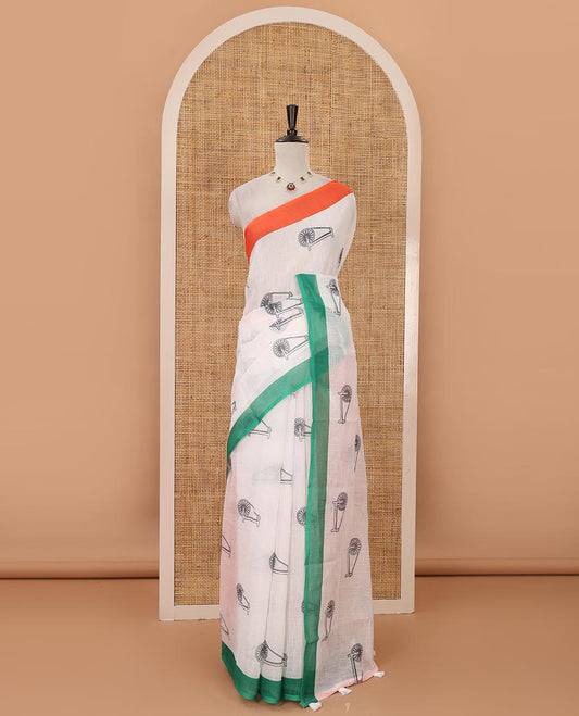 White khadi Gandhi chakram motifs linen saree, contrast ganga jamuna plain border & contrast orange plain blouse