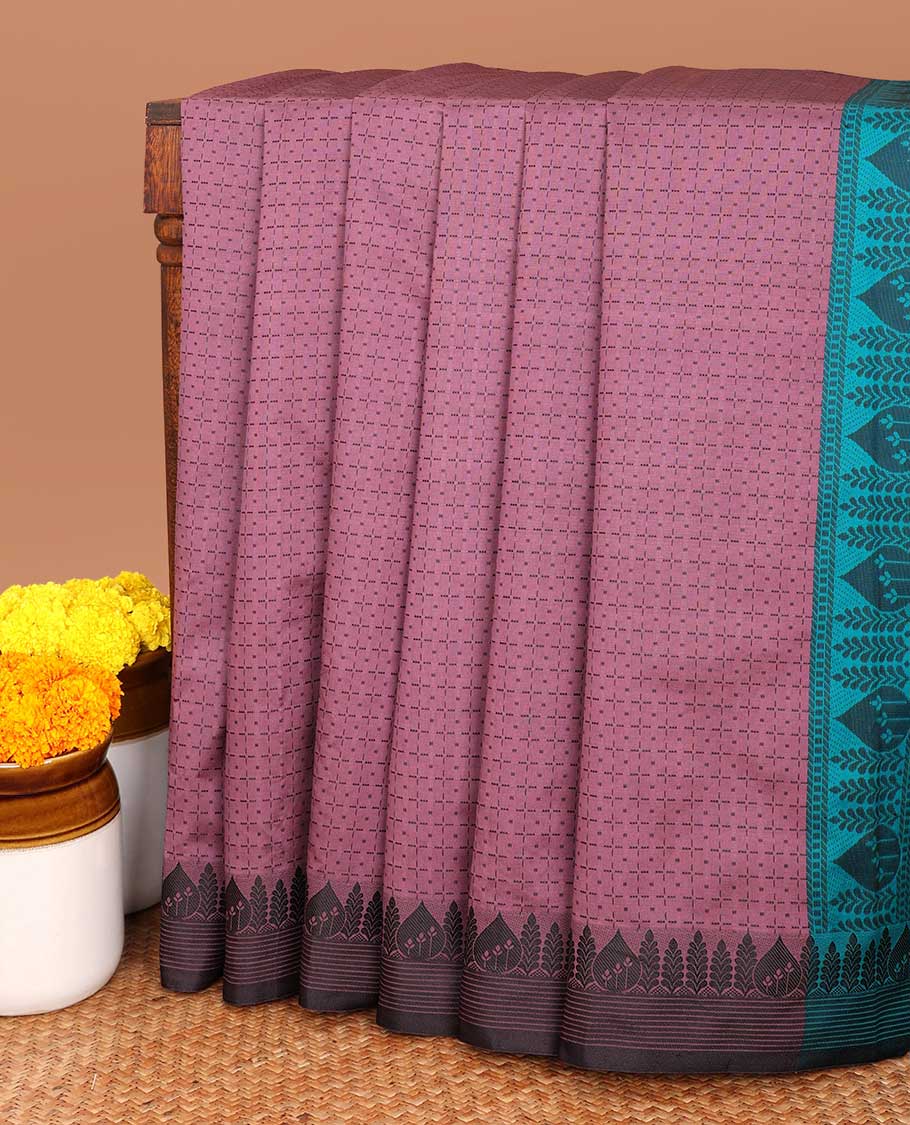 Purple geometric design silk saree with contrast striped,floral design border & intricate floral design pallu along with contrast blouse