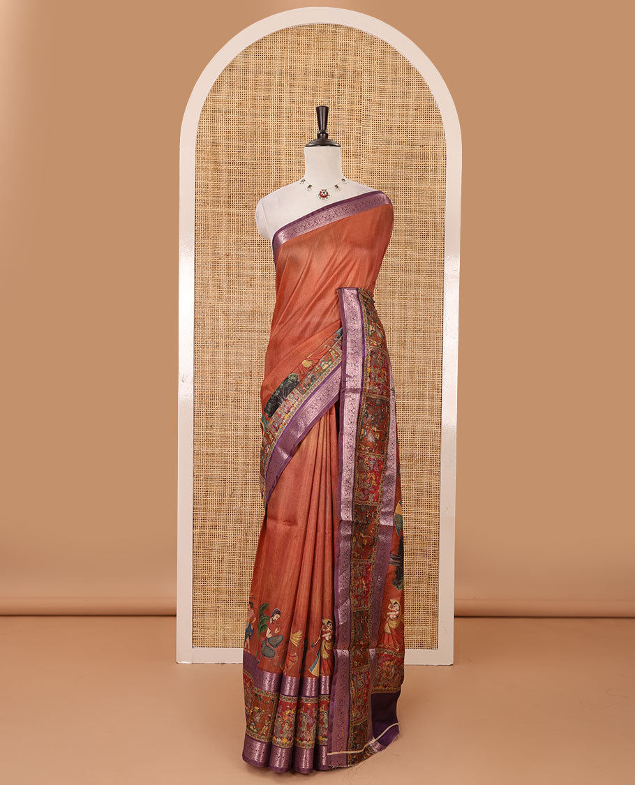 Orange ancient human printed semi-tussar saree, traditional rettai pettu border of ancient human motifs print, printed pallu & running blouse