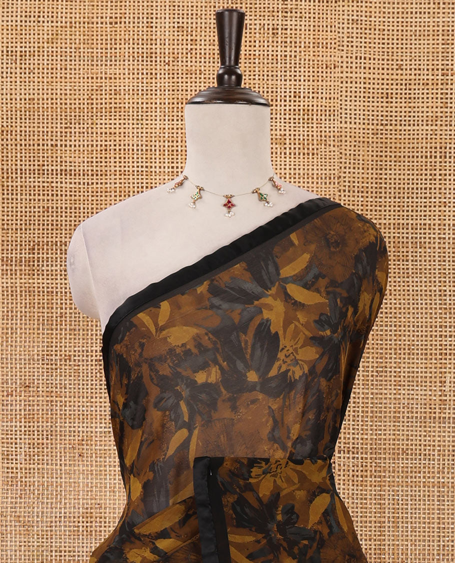Black-mustard floral digital printed georgette saree, satin lace plain border & black plain blouse