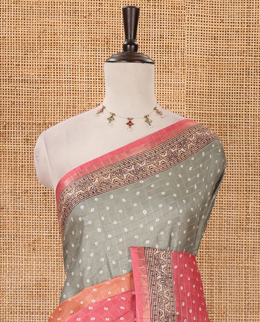 Pink 3D-dying with bandhani printed design kota saree , self printed border , radhe and kalamkari style printed pallu & contrast printed blouse