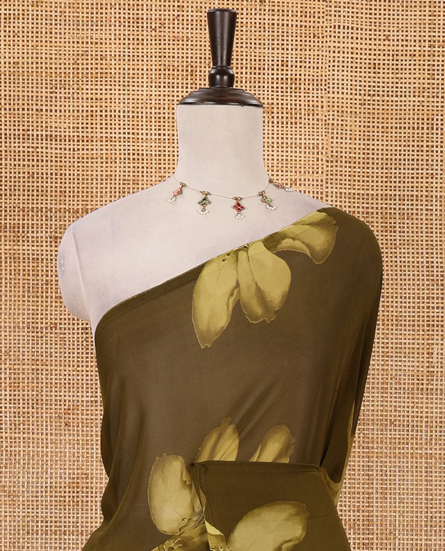 Borderless olive green big floral motifs printed georgette saree with contrast printed blouse