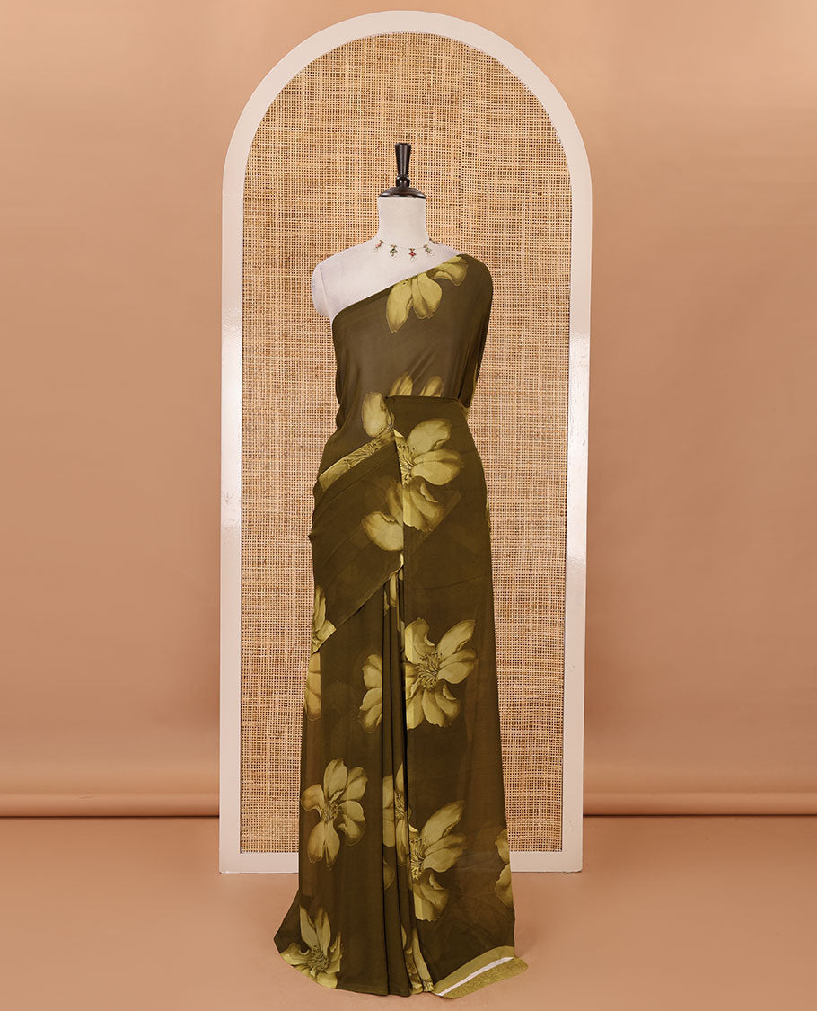 Borderless olive green big floral motifs printed georgette saree with contrast printed blouse
