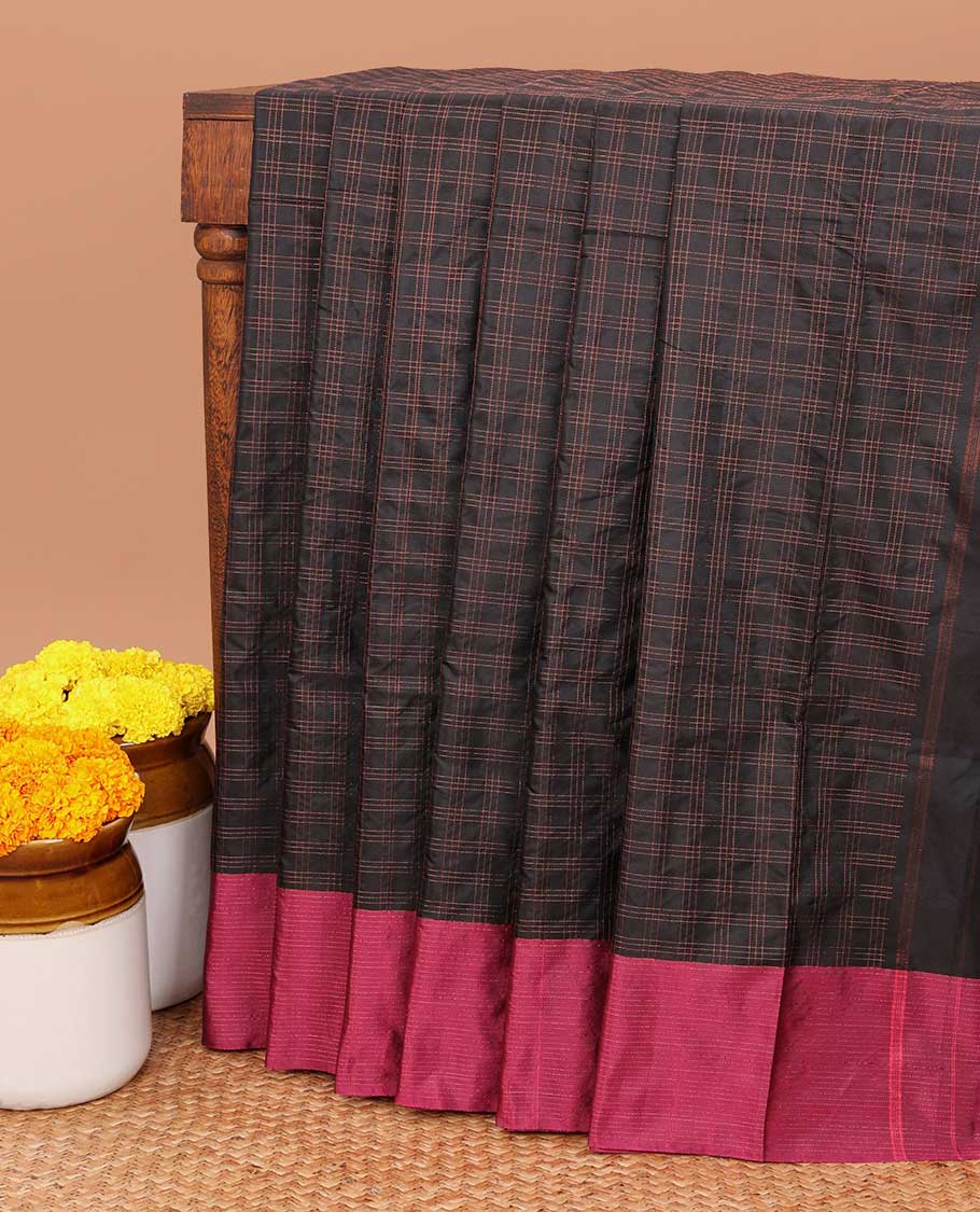 Black copper zari checks bhavishna silk saree contrast line zari border & contrat blouse