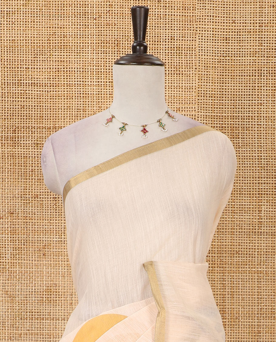Cream plain & giraffe motifs printed linen cotton saree, zari piping border, giraffe printed pallu & vertical striped blouse