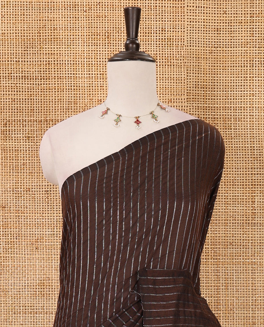 Borderless brown vertically striped khadi cotton saree, contrast grey plain pallu & matching plain blouse