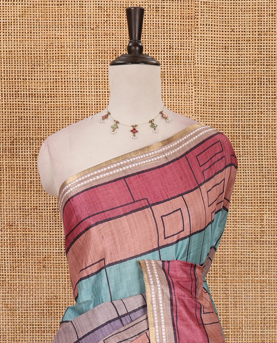 Pink abstract geometric printed semi-tussar saree, contrast thread triangle motifs border, striped pallu & contrast striped blouse
