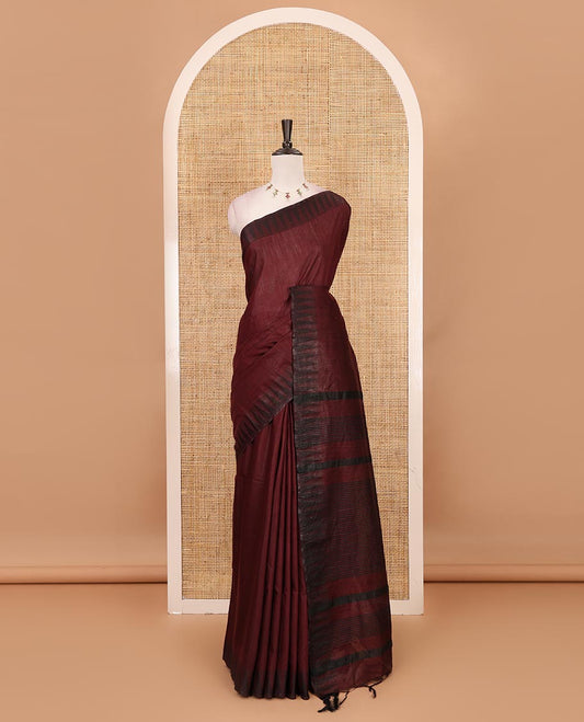 Wine plain staple cotton saree, contrast temple border, striped pallu & vertical striped blouse
