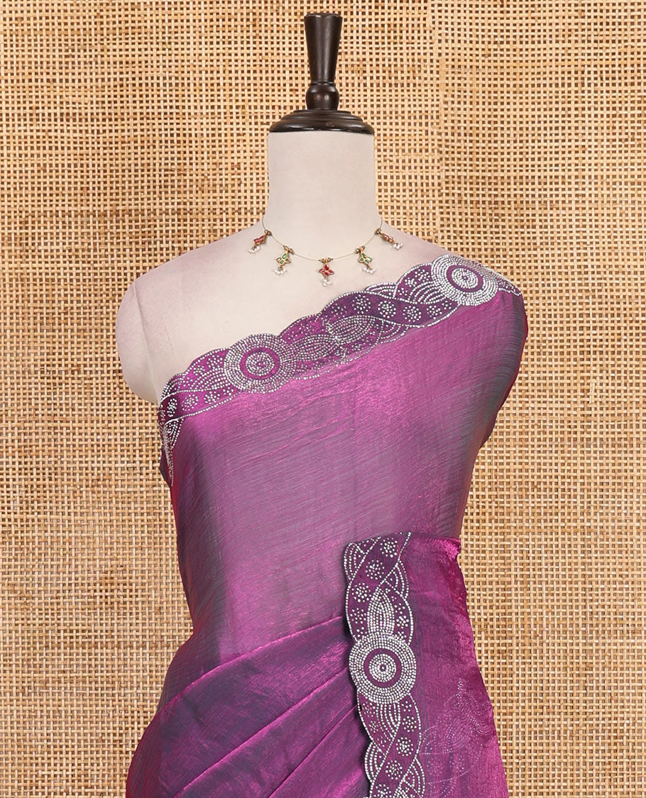 Lavender full-plain fendy chiffon saree, scallop swarovski stone work geometric border and contrast plain blouse