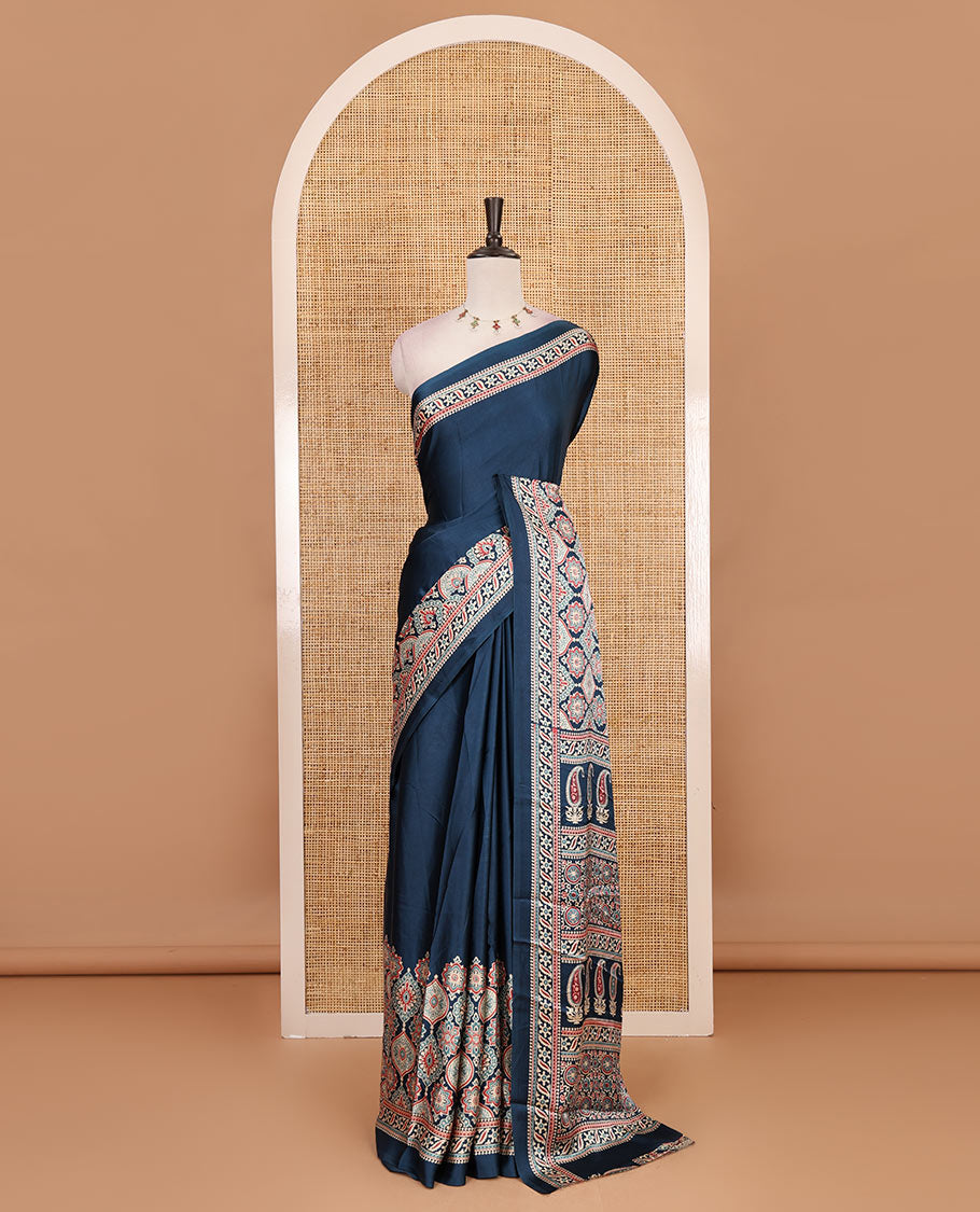 Blue plain gajji silk saree with ajrak printed border, ajrak printed geometric pallu, and printed blouse