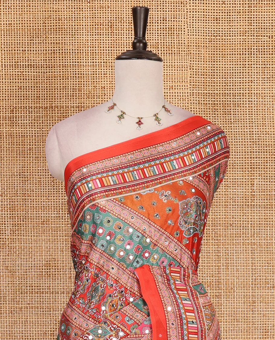 Red geometric patterns printed and mirror embroidered Masakali saree with matching plain printed border blouse