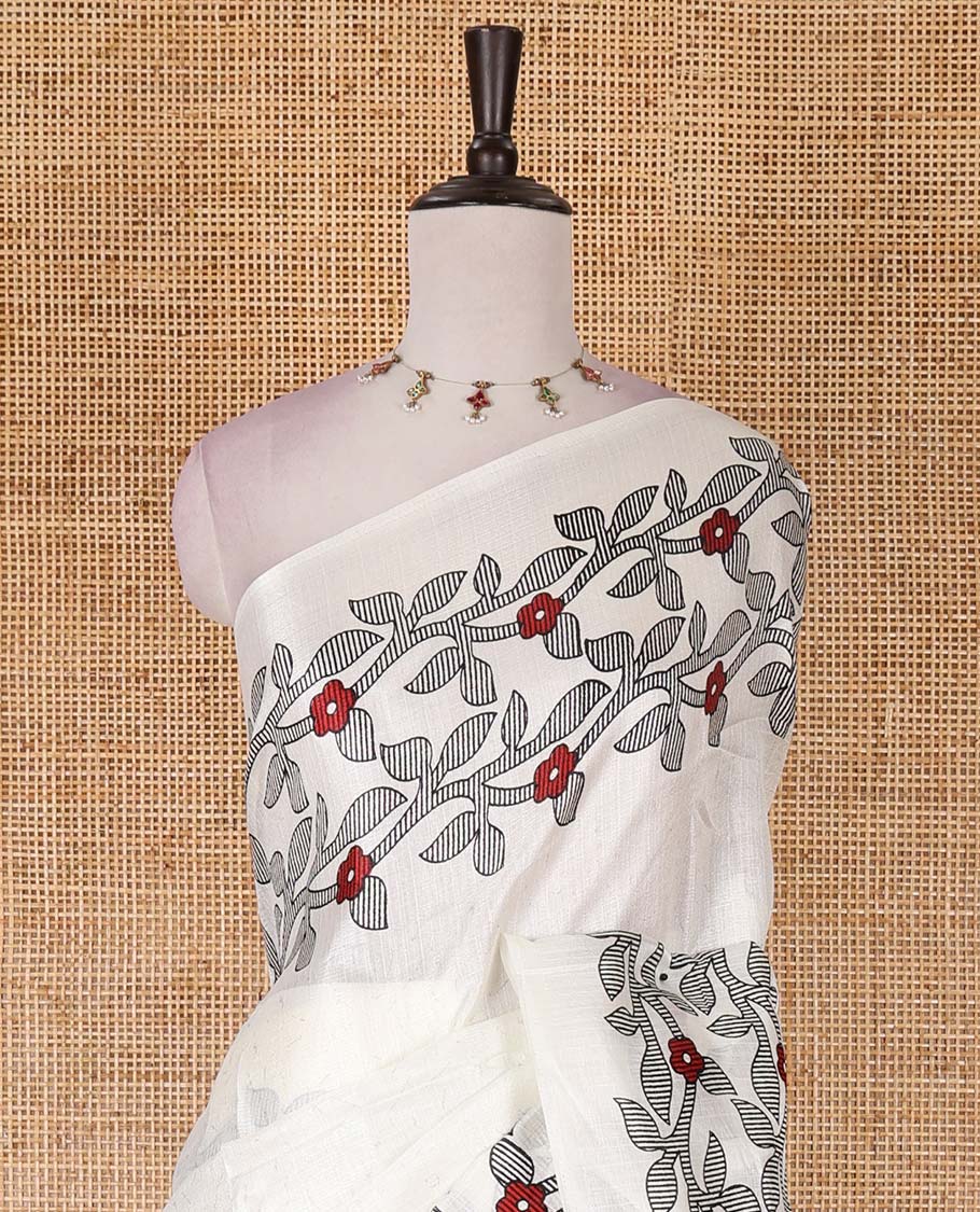 Cream-black full-plain khadi cotton saree, double-sided floral vine printed border, floral printed border, and drop butta printed blouse