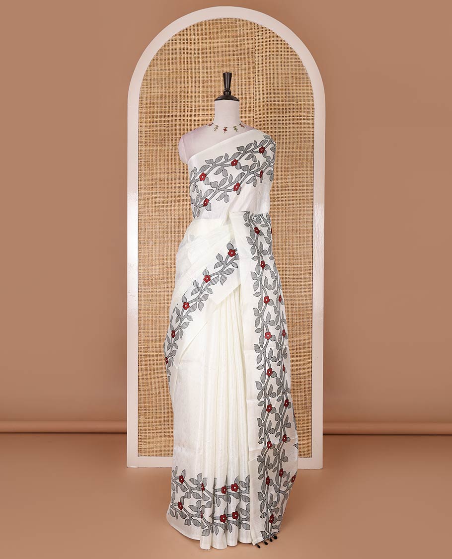 Cream-black full-plain khadi cotton saree, double-sided floral vine printed border, floral printed border, and drop butta printed blouse