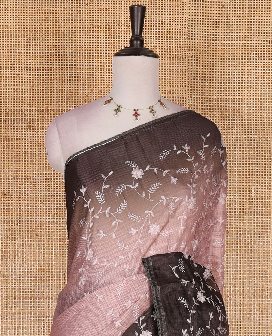 Peach-brown floral vine chickankari embroidered kota chex saree, lace border, floral vine chickankari embroidered pallu, and contrast plain blouse