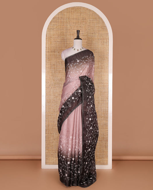 Peach-brown floral vine chickankari embroidered kota chex saree, lace border, floral vine chickankari embroidered pallu, and contrast plain blouse