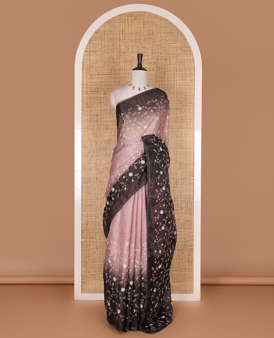 Peach-brown floral vine chickankari embroidered kota chex saree, lace border, floral vine chickankari embroidered pallu, and contrast plain blouse