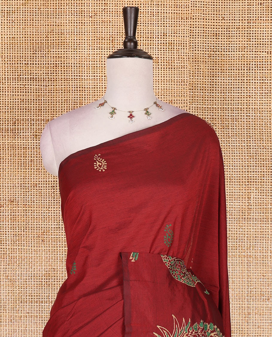 Borderless maroon pretty peacock motifs hand block style printed south cotton saree with contrast printed blouse