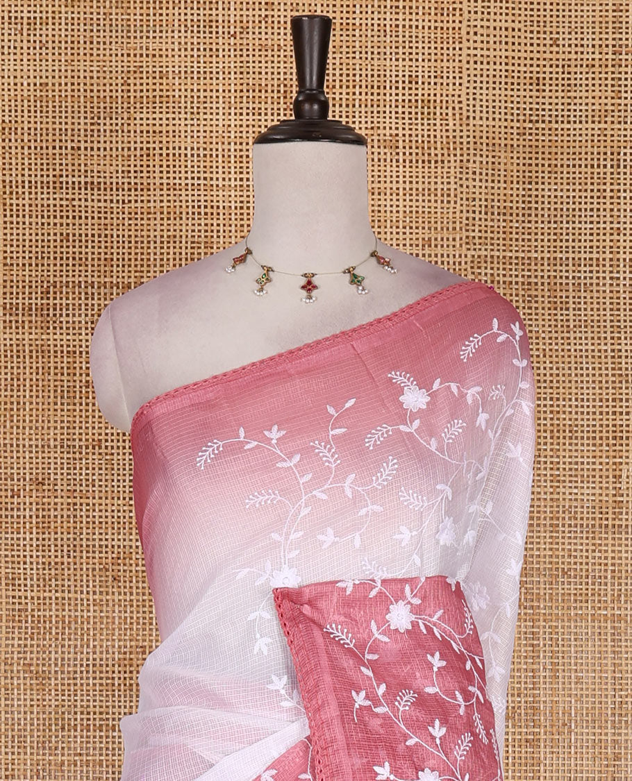 White floral vine chickankari embroidered kota chex saree, lace border, floral vine chickankari embroidered pallu, and contrast plain blouse